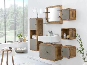 Massives Badmöbel-Set Dingle aus recycelter Kiefer und MDF, lackiert, natur / grau