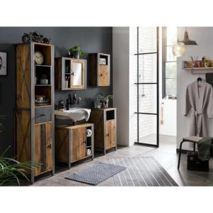 Massive Badezimmereinrichtung Detroit II aus recycelter Kiefer und Metall, braun, lackiert