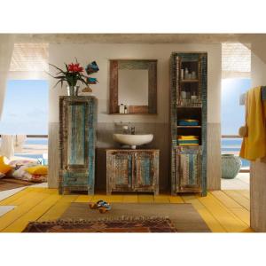 Vierteiliges Badezimmermöbel-Set Blue Lagoon aus massivem Mangoholz, lackiert, bunt