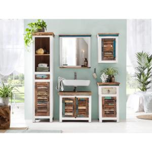 Massive Badschrank Perth aus recyceltem Holz, lackiert, weiß / bunt