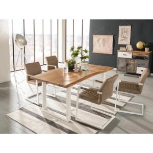 Massives Esszimmer-Set Bullwer mit 4 Picton-Stühlen, Akazie und Metall, lackiert, hellbraun