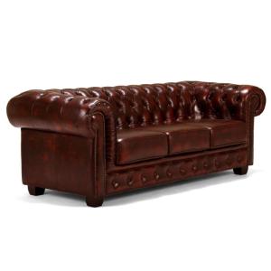 Chesterfield Big Sofa, 3-Sitzer, Echtleder, Rot – 221×98×79 cm