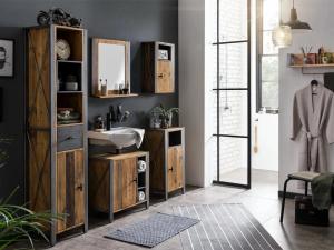 Massives Badezimmer-Set Detroit aus recyceltem Kiefernholz und Metall, lackiert, braun