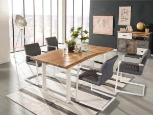 Massives Esszimmer-Set Bullwer mit 4 Picton-Stühlen, Akazie und Metall, grau und braun, lackiert