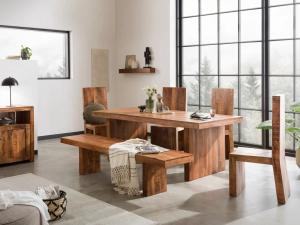 Massives Esszimmer-Set Cleveland aus Mangoholz, lackiert, braun – Tisch 200 cm, 4 Stühle, Bank 190 cm