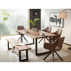 Massives Esszimmer-Set Bullwer mit Bank und 4 Stühlen Corton, Akazie, lackiert, braun