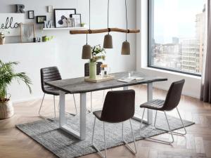 Massives Esszimmer-Set Bullwer mit 4 Milton-Stühlen, Akazie/Stoff/Metall, lackiert, grau-weiß