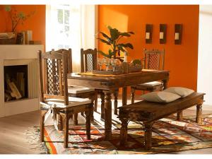 Massives Esszimmer-Set Merlin I aus Palisander, lackiert, braun – Tisch 180x90 cm, Bank und 4 Stühle