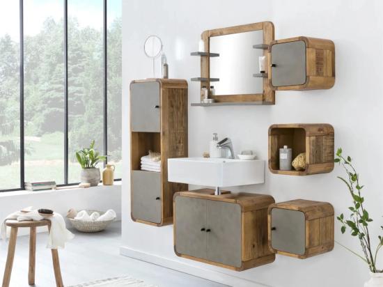 Masivní sada koupelnového nábytku Dingle z recyklované borovice a MDF, lakovaná, přírodní / šedá