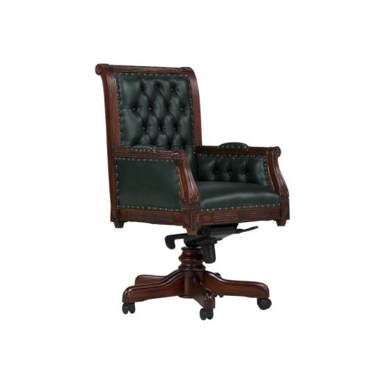 Masivní kancelářské křeslo Cambridge z pravé kůže, mahagon, lakované, zelené