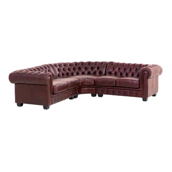 Rohová sedací souprava Chesterfield z pravé kůže, červená – 236×236×74 cm