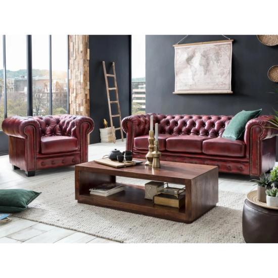 Masivní sedací souprava Chesterfield z pravé kůže, červená