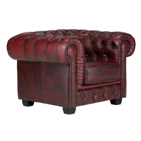Chesterfield křeslo z pravé kůže, červené – 112×98×79 cm
