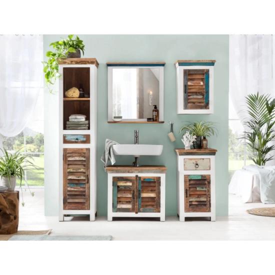 Masivní koupelnová skříňka Perth z recyklovaného dřeva, lakovaná, bílá / barevná