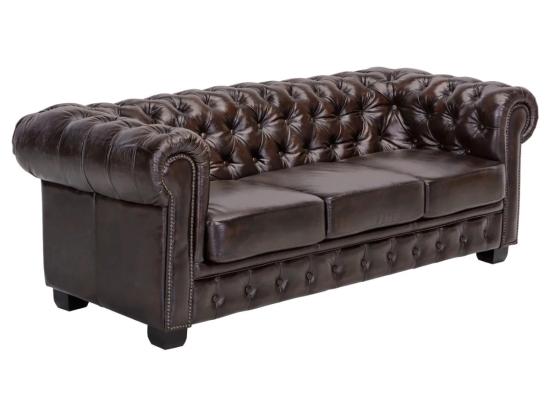 Třímístná pohovka Chesterfield z pravé kůže, hnědá – 200×90×72 cm