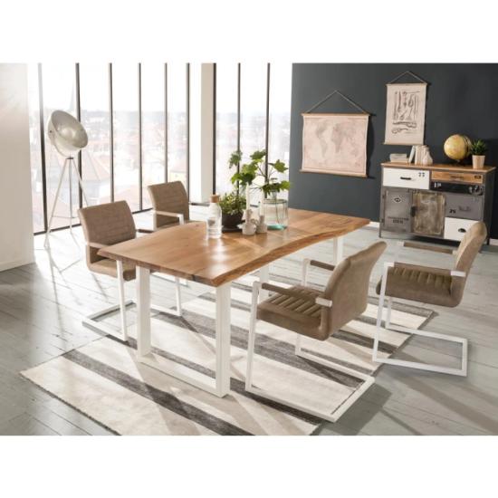 Masivní jídelní sestava Bullwer s 4 židlemi Picton, akácie a kov, lakovaná, světle hnědá