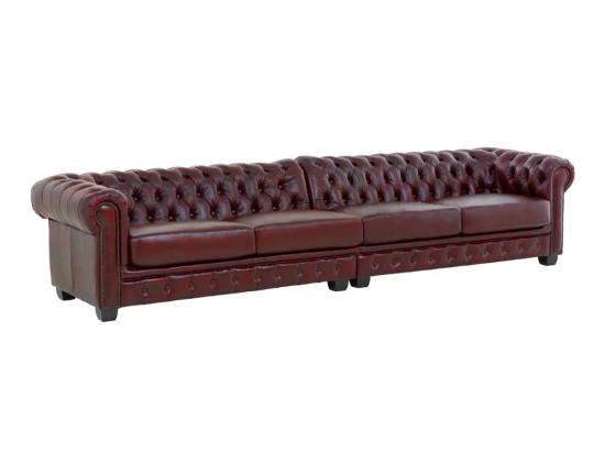 Masivní Chesterfield pohovka, pravá kůže, starožitná červená – 352×100×72 cm