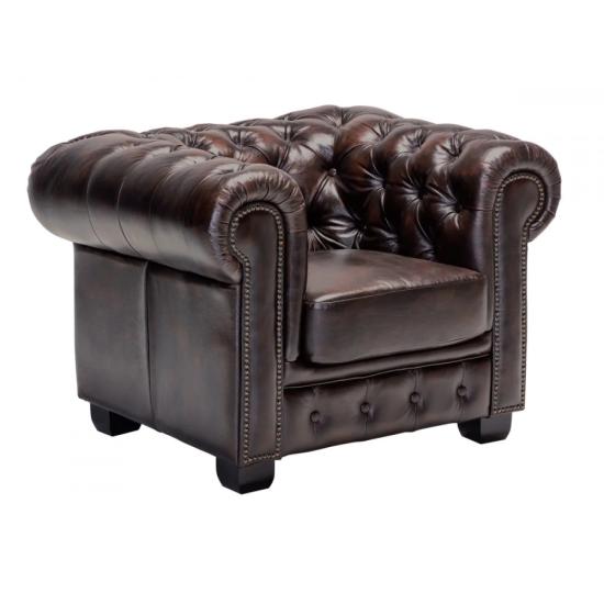 Křeslo Chesterfield z pravé kůže, hnědé – 100×90×72 cm