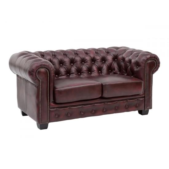 Masivní dvoumístná pohovka Chesterfield z pravé kůže, červená – 155×90×72 cm