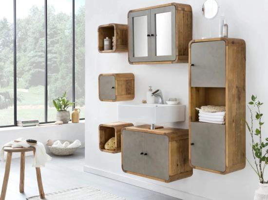 Masivní koupelnová sestava Dingle II z recyklované borovice a MDF, lakovaná, přírodní/šedá