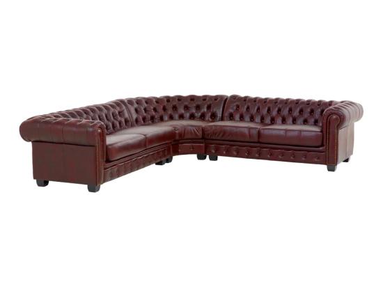 Masivní rohová sedací souprava Chesterfield III z pravé kůže, červená – 294×294×74 cm