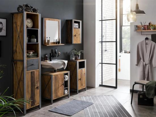 Masivní sada do koupelny Detroit z recyklované borovice a kovu, lakovaná, hnědá