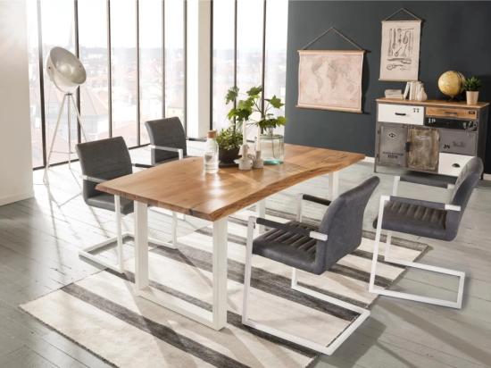 Masivní jídelní sestava Bullwer s 4 židlemi Picton, akácie a kov, šedá a hnědá, lakovaná