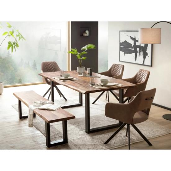 Masivní jídelní sestava Bullwer s lavicí a 4 židlemi Corton, akácie, lakovaná, hnědá