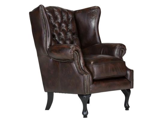 Křeslo ušák Chesterfield Pittsfield z pravé kůže, hnědé – 89×79×104 cm
