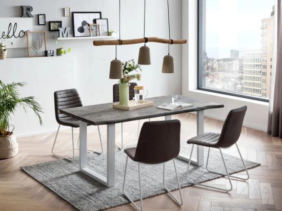 Masivní jídelní sestava Bullwer se 4 židlemi Milton, akácie/látka/kov, lakovaná, šedo-bílá