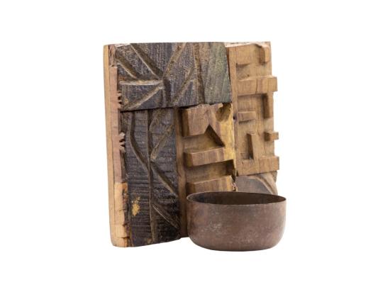 Masivní nástěnná malba Kavali z recyklovaného dřeva s držákem na svíčku, hnědá