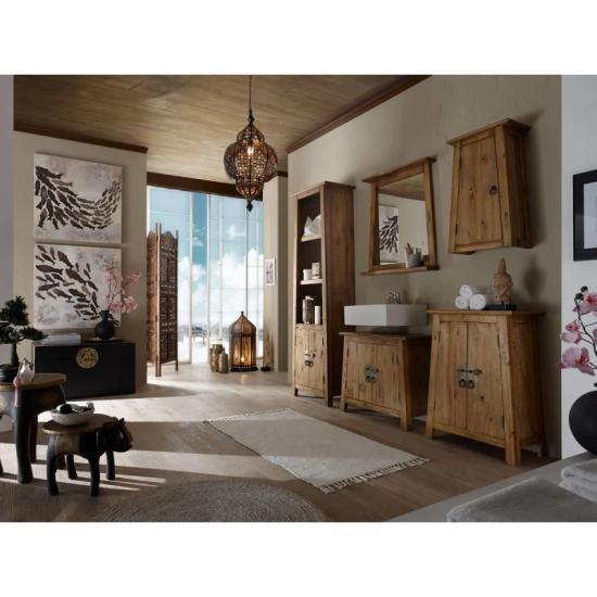 Masivní sada koupelnového nábytku Rangoon z recyklované borovice, lakovaná, hnědá