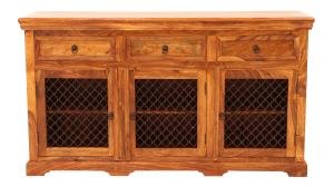 Rustikale Kommode aus Palisander mit Metallgeflecht 160x45x90